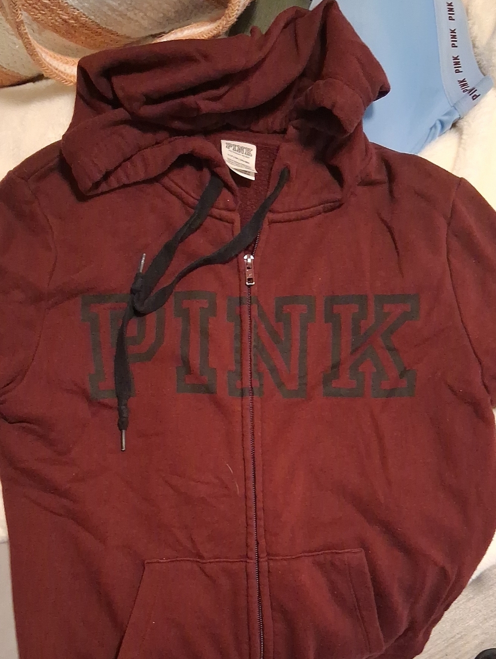 PINK Victoria's Secret Maroon Zip Hoodie with Black Logo
